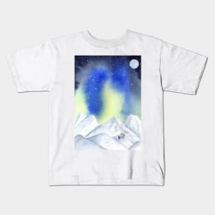 Camping in the Mountains with Northern Lights Watercolor Art Kids T-Shirt